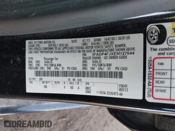 2014 Ford Fiesta Titanium z VIN 3FADP4FJXEM127644, wystawiony jako IAAI lot #41555040 z przebiegiem 107 046 mil mil oraz . Historia ofert i sprzedaży dostępna na DreamBid. Obrazek 9.