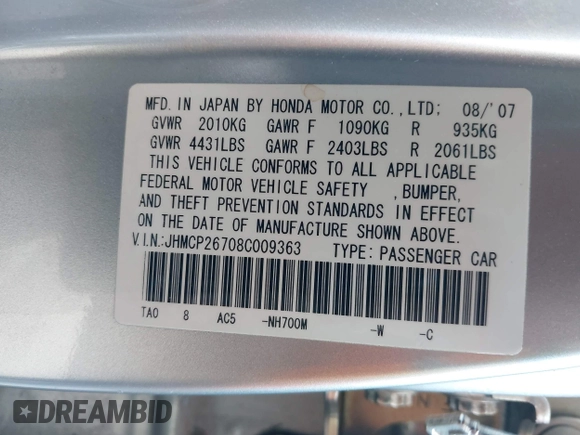 2008 Honda Accord EX with VIN JHMCP26708C009363, listed as a IAAI auction lot 42242217 with 208,564 mi miles and . Bid and sale history available at DreamBid. Image 9.