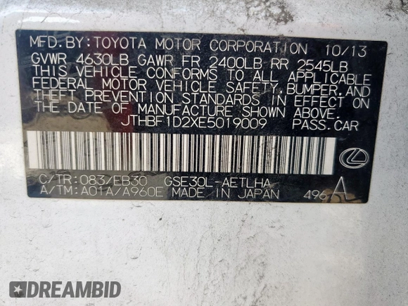 2014 Lexus IS 250 z VIN JTHBF1D2XE5019009, wystawiony jako Copart lot #59238825 z przebiegiem 143 883 mil mil oraz Szkoda całkowita • Salvage title. Historia ofert i sprzedaży dostępna na DreamBid. Obrazek 14.