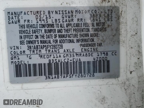 2015 Nissan Sentra S with VIN 3N1AB7AP5FY280728, listed as a Copart auction lot 47816905 with 136,301 mi miles and Salvage Title. Bid and sale history available at carsss.com. Image 15.