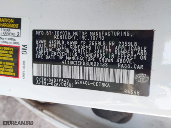 2011 Toyota Camry LE with VIN 4T1BK3EK0BU622135, listed as a IAAI auction lot 41726764 with 176,939 mi miles. Bid and sale history available at carsss.com. Image 9.