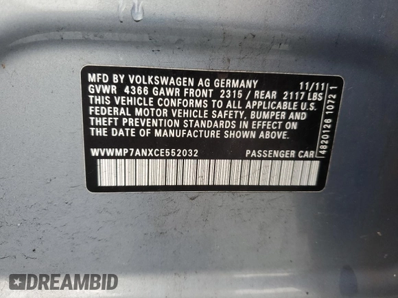 2012 Volkswagen CC R-Line with VIN WVWMP7ANXCE552032, listed as a Copart auction lot 53165885 with 120,589 mi miles and Salvage title. Bid and sale history available at DreamBid. Image 12.