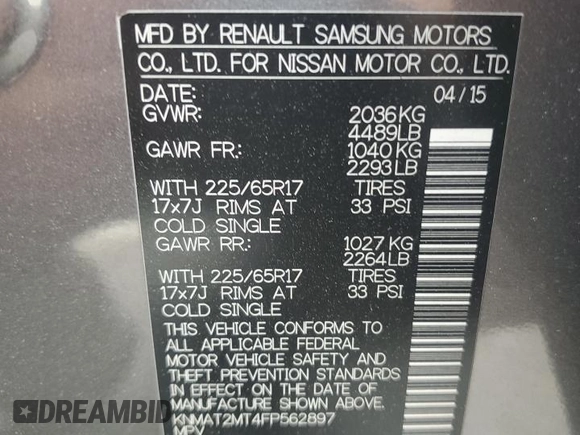 2015 Nissan Rogue SV with VIN KNMAT2MT4FP562897, listed as a Copart auction lot 54521565 with 38,682 mi miles and Salvage Title. Bid and sale history available at carsss.com. Image 12.