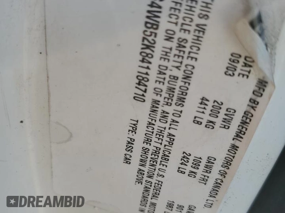 2004 Buick Regal LS with VIN 2G4WB52K841184710, listed as a Copart auction lot 54714385 with Not provided miles and Salvage title. Bid and sale history available at DreamBid. Image 12.