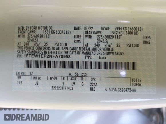 2022 Ford F-150 XL with VIN 1FTEW1EP2NFA70958, listed as a IAAI auction lot 42479860 with 83,326 mi miles and . Bid and sale history available at DreamBid. Image 9.