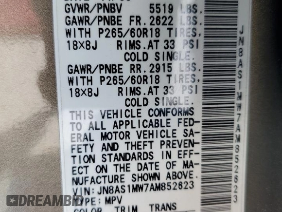 2010 Infiniti FX35 with VIN JN8AS1MW7AM852623, listed as a Copart auction lot 73722804 with 0 mi miles and Salvage Title. Bid and sale history available at carsss.com. Image 15.