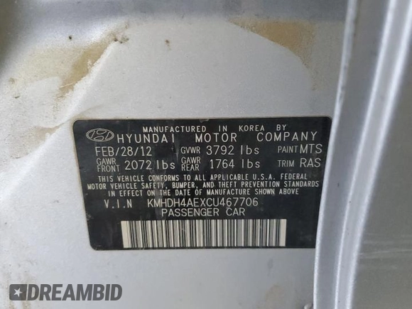2012 Hyundai Elantra Limited with VIN KMHDH4AEXCU467706, listed as a Copart auction lot 57564845 with 112,065 mi miles and Salvage title. Bid and sale history available at DreamBid. Image 13.
