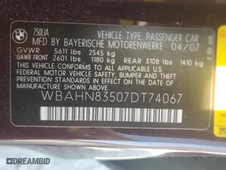 2007 BMW 7 Series 750Li with VIN WBAHN83507DT74067, listed as a Copart auction lot 77793504 with 0 mi miles and Salvage Title. Bid and sale history available at carsss.com. Image 12.