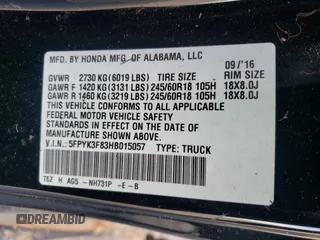 2017 Honda Ridgeline Black Edition with VIN 5FPYK3F83HB015057, listed as a Copart auction lot 49968565 with 107,317 mi miles and Salvage title. Bid and sale history available at DreamBid. Image 12.