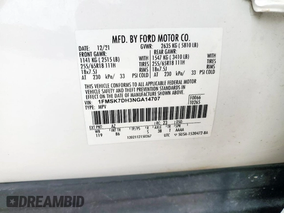 2022 Ford Explorer XLT z VIN 1FMSK7DH3NGA14707, wystawiony jako Copart lot #57438845 z przebiegiem 96 420 mil mil oraz Szkoda całkowita • Salvage title. Historia ofert i sprzedaży dostępna na DreamBid. Obrazek 13.