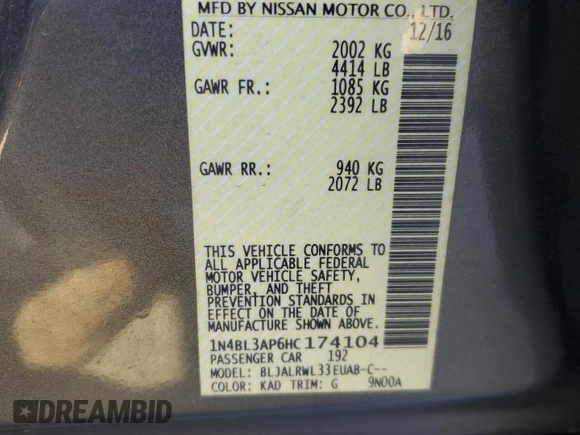 2017 Nissan Altima SL with VIN 1N4BL3AP6HC174104, listed as a Copart auction lot 55302405 with 161,903 mi miles and Salvage title. Bid and sale history available at DreamBid. Image 12.