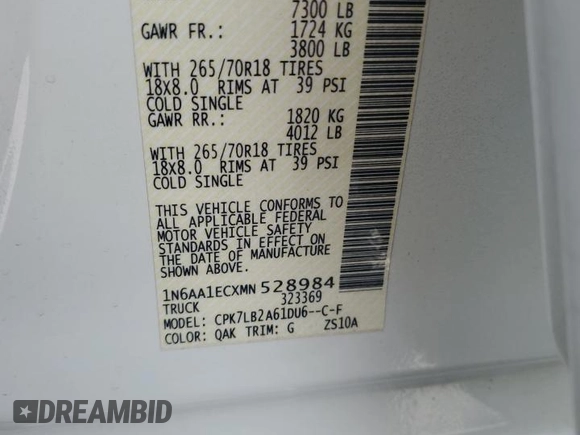 2021 Nissan Titan SV with VIN 1N6AA1ECXMN528984, listed as a Copart auction lot 53950365 with 64,474 mi miles and Salvage title. Bid and sale history available at DreamBid. Image 12.