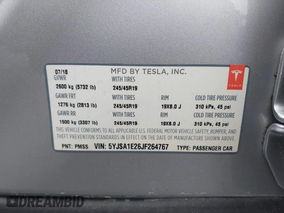 2018 Tesla Model S 75D с VIN 5YJSA1E26JF264767, выставлен на аукционе IAAI как лот 42434614 с пробегом 38 054 миль миль и . История ставок и продаж доступна на DreamBid. Изображение 9.