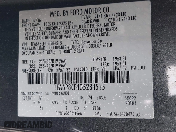 2016 Ford Mustang GT with VIN 1FA6P8CF4G5284515, listed as a IAAI auction lot 42338167 with 118,941 mi miles and . Bid and sale history available at DreamBid. Image 9.