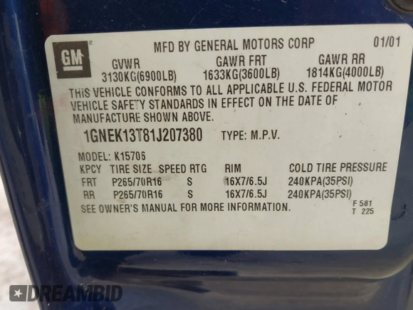 2001 Chevrolet Tahoe LT with VIN 1GNEK13T81J207380, listed as a IAAI auction lot 41611619 with 176,198 mi miles. Bid and sale history available at carsss.com. Image 9.