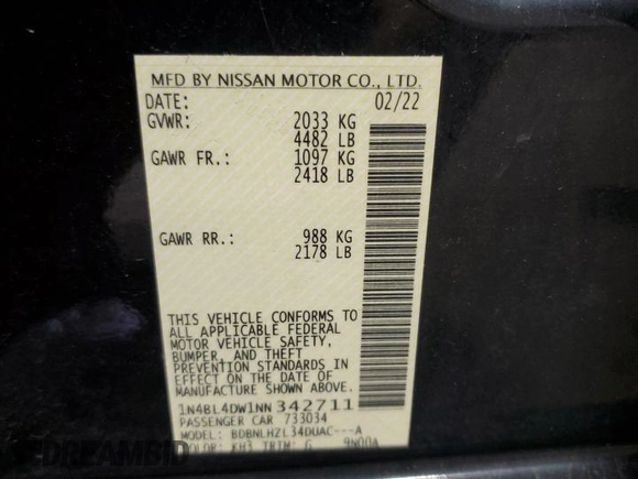 2022 Nissan Altima SV z VIN 1N4BL4DW1NN342711, wystawiony jako Copart lot #57712355 z przebiegiem 38 140 mil mil oraz Szkoda całkowita • Salvage title. Historia ofert i sprzedaży dostępna na DreamBid. Obrazek 12.