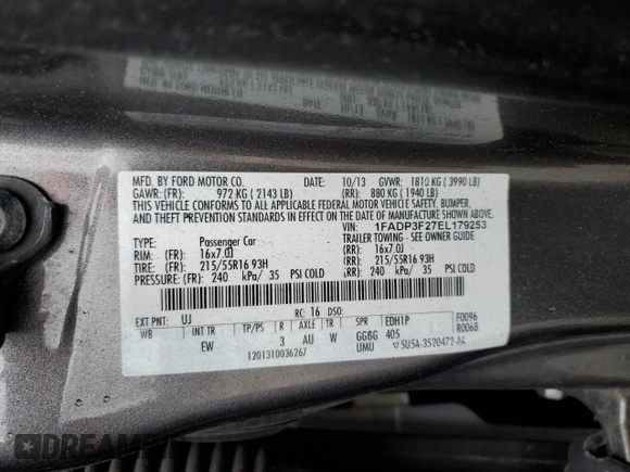 2014 Ford Focus SE with VIN 1FADP3F27EL179253, listed as a Copart auction lot 52913225 with 106,292 mi miles and Salvage Title. Bid and sale history available at DreamBid. Image 14.
