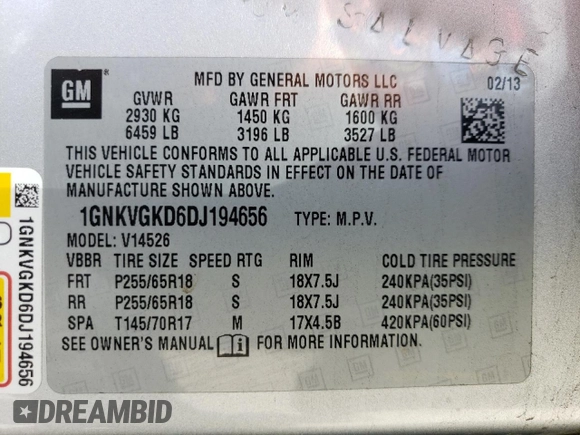 2013 Chevrolet Traverse LT with VIN 1GNKVGKD6DJ194656, listed as a Copart auction lot 48507285 with 122,133 mi miles and Salvage Title. Bid and sale history available at DreamBid. Image 13.