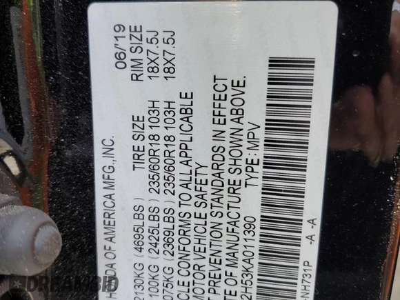 2019 Honda CR-V EX with VIN 5J6RW2H53KA011390, listed as a Copart auction lot 54722925 with 87,085 mi miles and Salvage Title. Bid and sale history available at carsss.com. Image 14.