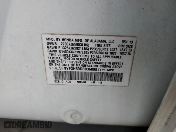 2013 Honda Pilot EX-L with VIN 5FNYF3H59DB036098, listed as a Copart auction lot 50824335 with 191,004 mi miles and Salvage Title. Bid and sale history available at DreamBid. Image 13.