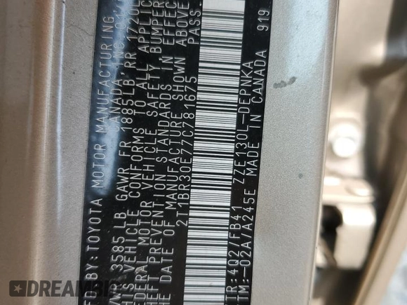 2007 Toyota Corolla CE z VIN 2T1BR30E77C781675, wystawiony jako Copart lot #60294475 z przebiegiem 111 706 mil mil oraz Szkoda całkowita • Salvage title. Historia ofert i sprzedaży dostępna na DreamBid. Obrazek 13.