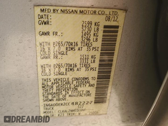 2012 Nissan Frontier SV with VIN 1N6AD0ER2CC482227, listed as a Copart auction lot 52794385 with 153,522 mi miles and Salvage title. Bid and sale history available at DreamBid. Image 12.