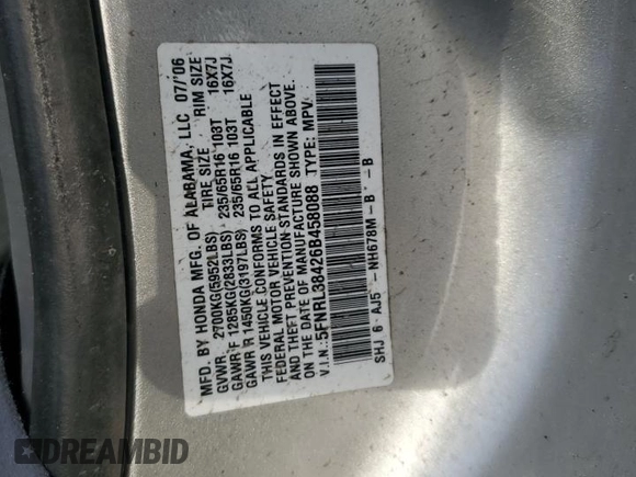 2006 Honda Odyssey EX with VIN 5FNRL38426B458088, listed as a Copart auction lot 51551375 with 0 mi miles and Non Repairable. Bid and sale history available at carsss.com. Image 15.