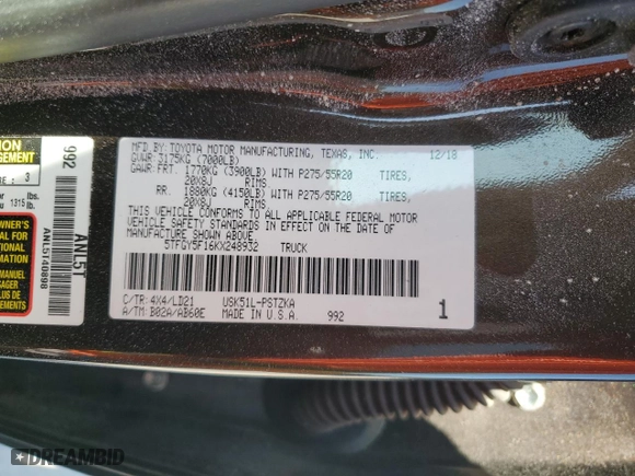 2019 Toyota Tundra 2WD SR5 with VIN 5TFGY5F16KX248932, listed as a Copart auction lot 52427795 with 119,136 mi miles and Clean Title. Bid and sale history available at carsss.com. Image 12.
