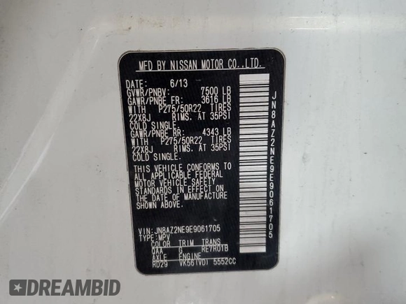 2014 Infiniti QX80 with VIN JN8AZ2NE9E9061705, listed as a Copart auction lot 57645125 with 147,845 mi miles and Salvage title. Bid and sale history available at DreamBid. Image 13.