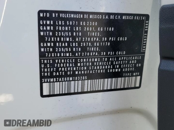 2024 Volkswagen Tiguan SE with VIN 3VVMB7AX6RM183285, listed as a Copart auction lot 58318465 with 9,586 mi miles and Salvage title. Bid and sale history available at DreamBid. Image 14.