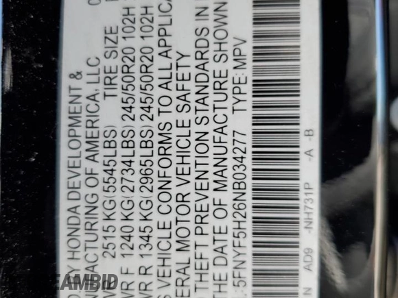 2022 Honda Pilot Special Edition z VIN 5FNYF5H26NB034277, wystawiony jako Copart lot #81931254 z przebiegiem 46 499 mil mil oraz Szkoda całkowita • Salvage title. Historia ofert i sprzedaży dostępna na DreamBid. Obrazek 15.