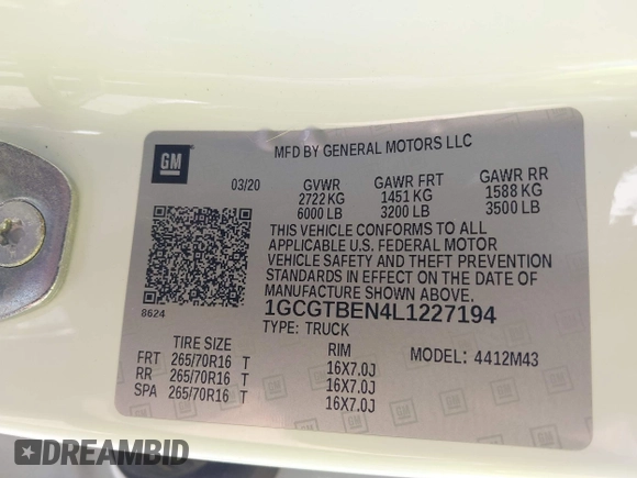 2020 Chevrolet Colorado 4WD Work Truck z VIN 1GCGTBEN4L1227194, wystawiony jako IAAI lot #42256116 z przebiegiem 76 635 mil mil oraz . Historia ofert i sprzedaży dostępna na DreamBid. Obrazek 9.