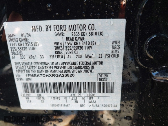 2024 Ford Explorer XLT with VIN 1FMSK7DHXRGA20820, listed as a IAAI auction lot 41034066 with 4,407 mi miles and . Bid and sale history available at DreamBid. Image 9.