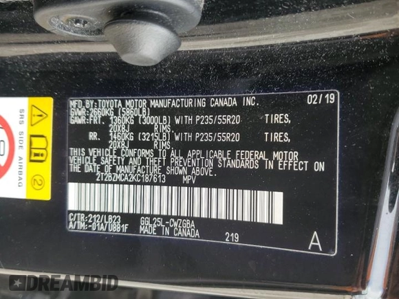 2019 Lexus RX 350 z VIN 2T2BZMCA2KC187613, wystawiony jako Copart lot #55376685 z przebiegiem 74 960 mil mil oraz Szkoda całkowita • Salvage title. Historia ofert i sprzedaży dostępna na DreamBid. Obrazek 13.