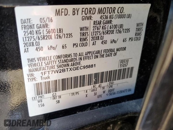 2016 Ford F-250 Lariat with VIN 1FT7W2BTXGEC95881, listed as a Copart auction lot 51760465 with 135,525 mi miles and Salvage title. Bid and sale history available at DreamBid. Image 12.
