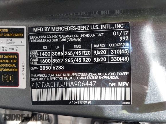 2017 Mercedes-Benz GLE 350 with VIN 4JGDA5HB8HA906447, listed as a IAAI auction lot 42287860 with 104,503 mi miles and . Bid and sale history available at DreamBid. Image 9.