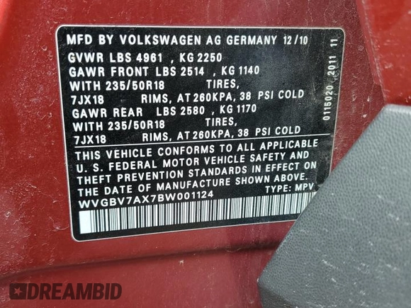 2011 Volkswagen Tiguan SE with VIN WVGBV7AX7BW001124, listed as a Copart auction lot 53044005 with 150,072 mi miles and Salvage Title. Bid and sale history available at DreamBid. Image 13.