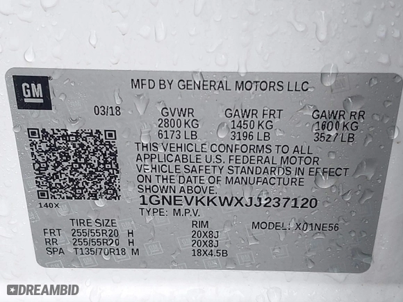 2018 Chevrolet Traverse High Country with VIN 1GNEVKKWXJJ237120, listed as a IAAI auction lot 41458312 with 125,626 mi miles. Bid and sale history available at carsss.com. Image 9.