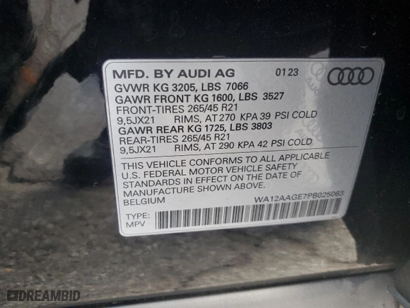 2023 Audi e-tron Sportback S line Premium Plus with VIN WA12AAGE7PB025063, listed as a Copart auction lot 82104604 with 23,968 mi miles and Salvage Title. Bid and sale history available at carsss.com. Image 14.