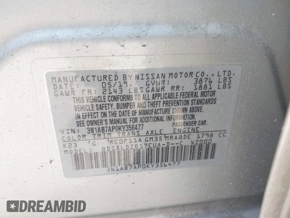 2019 Nissan Sentra S with VIN 3N1AB7AP0KY356477, listed as a IAAI auction lot 41595916 with 58,866 mi miles and . Bid and sale history available at DreamBid. Image 9.