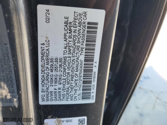 2024 Honda Accord Hybrid Touring with VIN 1HGCY2F87RA040647, listed as a Copart auction lot 46949795 with 0 mi miles and Salvage Title. Bid and sale history available at carsss.com. Image 13.