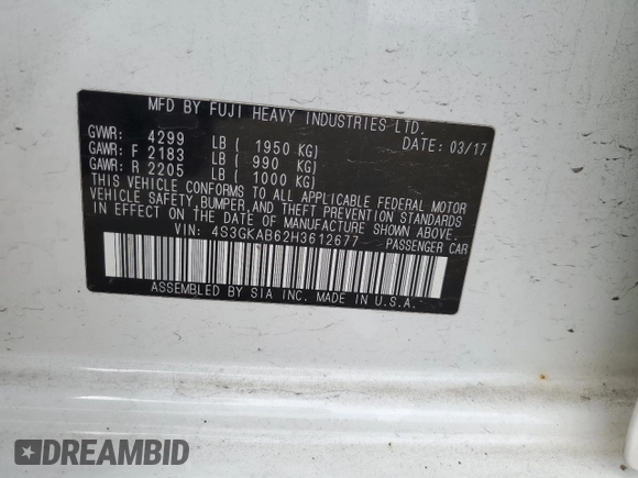 2017 Subaru Impreza Premium with VIN 4S3GKAB62H3612677, listed as a Copart auction lot 53604665 with 127,734 mi miles and Salvage title. Bid and sale history available at DreamBid. Image 12.