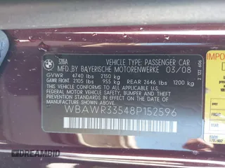 2008 BMW 3 Series 328i with VIN WBAWR33548P152596, listed as a IAAI auction lot 42033747 with 216,772 mi miles and . Bid and sale history available at carsss.com. Image 9.