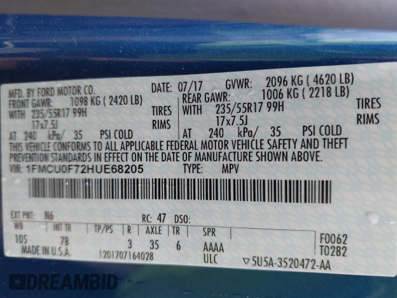 2017 Ford Escape S with VIN 1FMCU0F72HUE68205, listed as a IAAI auction lot 42502423 with 75,453 mi miles and . Bid and sale history available at DreamBid. Image 9.