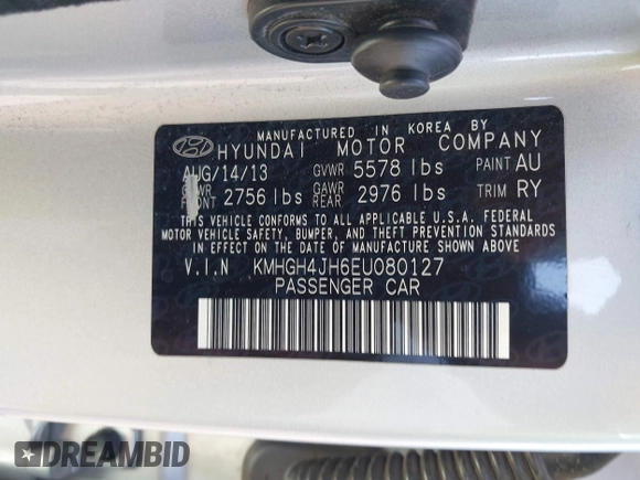 2014 Hyundai Equus Signature with VIN KMHGH4JH6EU080127, listed as a IAAI auction lot 41988215 with 94,349 mi miles and . Bid and sale history available at DreamBid. Image 9.