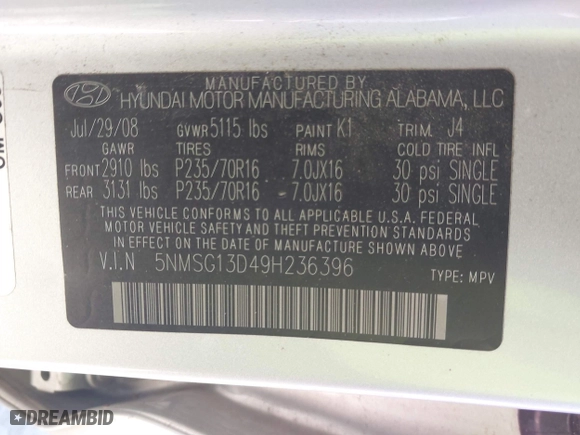 2009 Hyundai Santa Fe GLS with VIN 5NMSG13D49H236396, listed as a IAAI auction lot 41854724 with 247,578 mi miles. Bid and sale history available at carsss.com. Image 9.