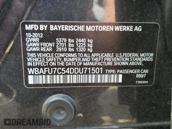 2013 BMW 5 Series 535i xDrive with VIN WBAFU7C54DDU71501, listed as a Copart auction lot 48206915 with 121,208 mi miles and Salvage Title. Bid and sale history available at carsss.com. Image 14.