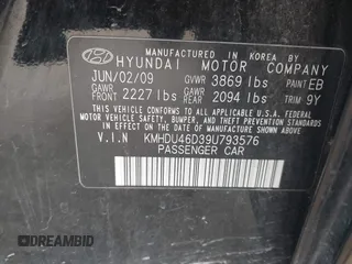 2009 Hyundai Elantra GLS z VIN KMHDU46D39U793576, wystawiony jako IAAI lot #42439180 z przebiegiem 153 254 mil mil oraz . Historia ofert i sprzedaży dostępna na DreamBid. Obrazek 9.