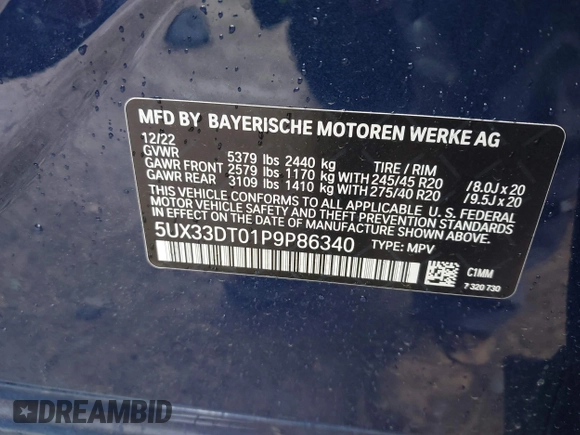 2023 BMW X4 xDrive30i z VIN 5UX33DT01P9P86340, wystawiony jako IAAI lot #42113558 z przebiegiem 27 226 mil mil oraz . Historia ofert i sprzedaży dostępna na DreamBid. Obrazek 9.