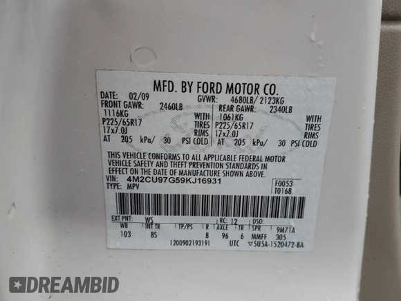 2009 Mercury Mariner Premier with VIN 4M2CU97G59KJ16931, listed as a Copart auction lot 53111905 with Not provided miles and Salvage title. Bid and sale history available at DreamBid. Image 14.